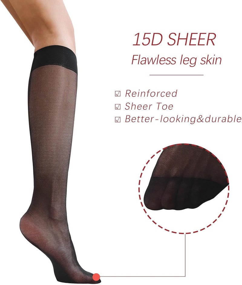FeinYee 6 Pairs Knee High Stockings for Women, Elastic Fine Sheer Socks with Reinforced Toes 20 Denier Nylon One Size - Image 4